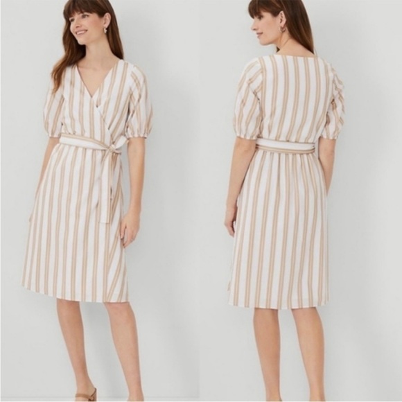 NWT Ann Taylor Gold Striped Wrap Dress Size Small Petite - Picture 2 of 10